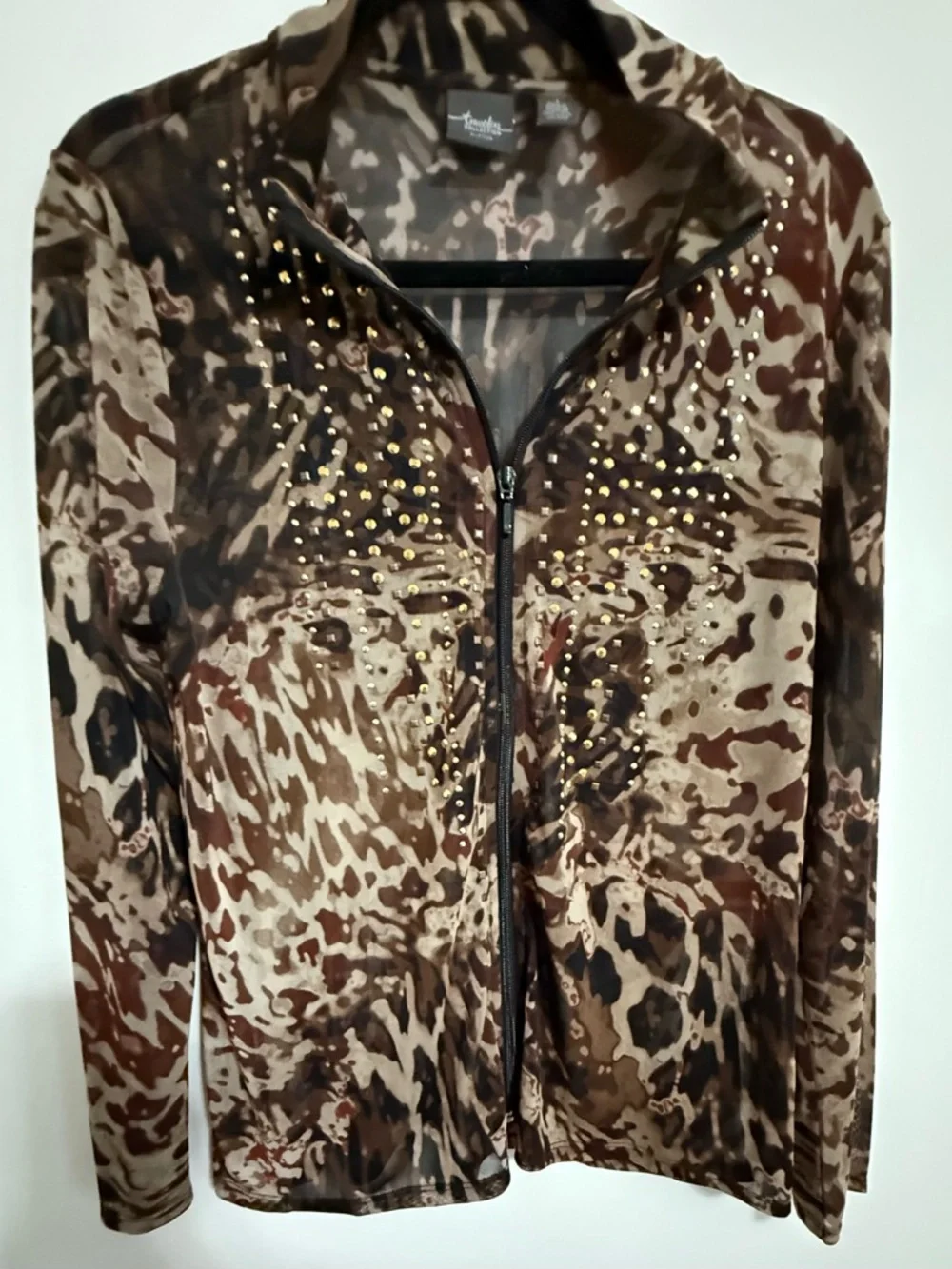 Brown Animal-Print Zip Front Utility Jacket with Stud Detail - Picture 3 of 5